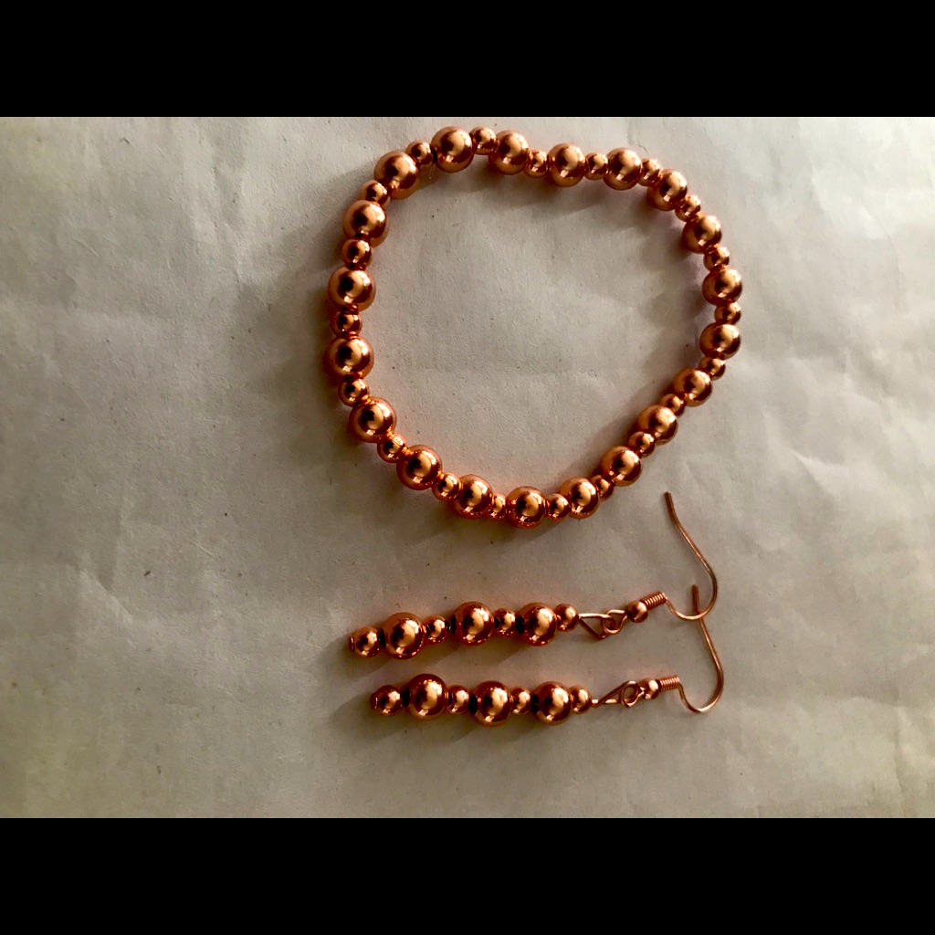 Rose Gold Beaded Stretchy Bracelet And Earrings Set